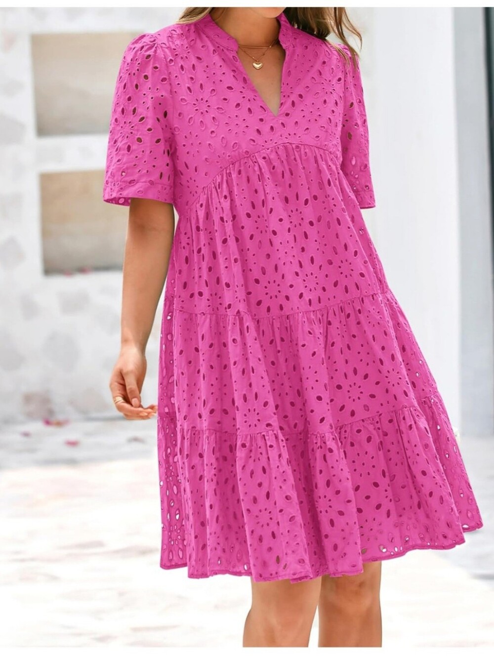 Women's Pink Embroidered Eyelet Lace Tiered Babydoll Dress- Full & Plus Sizes - Picture 8 of 9